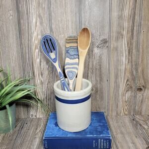 Vintage Beater Jar Crock, Blue Band Stoneware, Utensil Holder, Country Kitchen